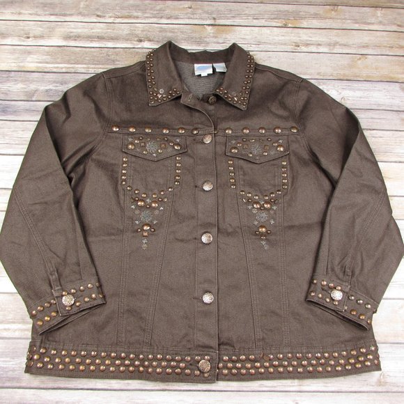 DG2 Embellished Brown Denim Jean Jacket L - Picture 1 of 9